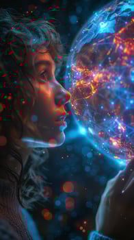 A woman is holding a luminous globe and gazing at it photo