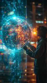 A man is standing in front of a glass wall looking at a glowing globe photo
