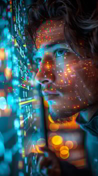 A man gazes at a screen emitting glowing dots, his face illuminated by the light photo