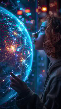 In a dimly lit space, a woman gazes at a luminous globe photo
