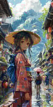Pixel art of girl in kimono and straw hat walking down street photo