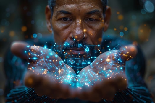 A man is cheerfully holding a digital image in his hands photo