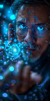 A man with glasses and a mustache pointing at a circle with the letter b photo