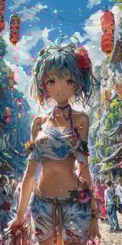 Pixel art girl with flowers in hair on crowded street photo