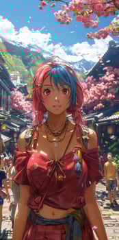 Pixel art of a girl with pink and blue hair by a cherry blossom tree photo