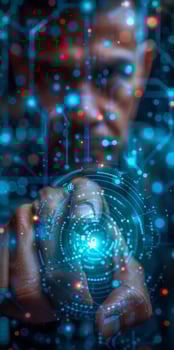 A man is holding a futuristic screen in his hands, looking at it with interest photo