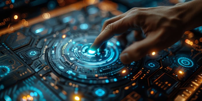 A person is using their finger to interact with a futuristic screen photo