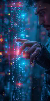 A man is touching a screen with his finger, engaged in an interactive activity photo