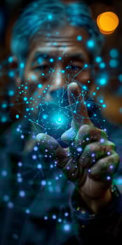 A man presses a button on a futuristic screen with advanced technology photo