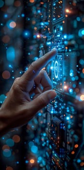 Hand points at circuit board with waterrelated keywords photo