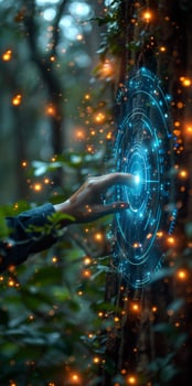 Person touching glowing circle on tree trunk in woods photo