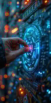 A person touches a futuristic screen with their finger in a dark room photo