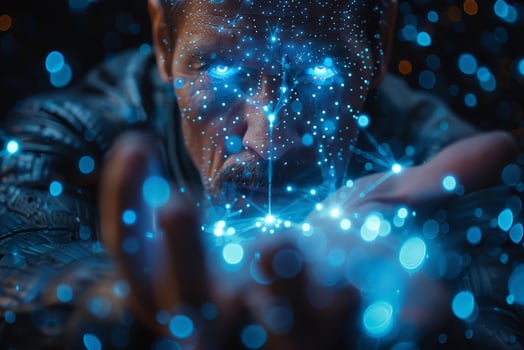 A man holds a digital image of his face in darkness, with artistic touch photo