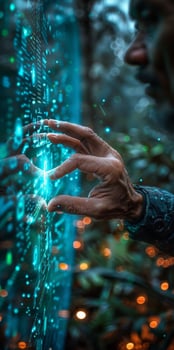 A persons hand is reaching out to touch a digital screen in the darkness photo