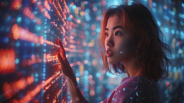 A woman looks at a modern screen in a colorful city atmosphere photo