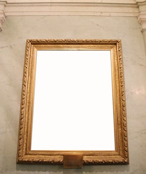 Stockholm, Sweden, 2018 - Ornate Picture Frame in Art Museum Gallery Exhibition. Blank White Isolated Clipping Path. photo