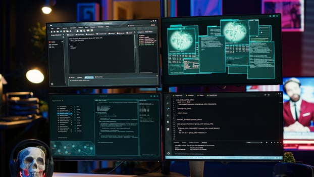 Close up of dangerous hacking lines of code running on computer monitors in criminal den. Programming scripts shown on PC displays in empty hideout used by cybercriminals to steal data photo