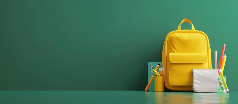 Back to school of a yellow backpack with school supplies on green background, concept back to new colors books for education and learning in the style of realistic landscapes photo