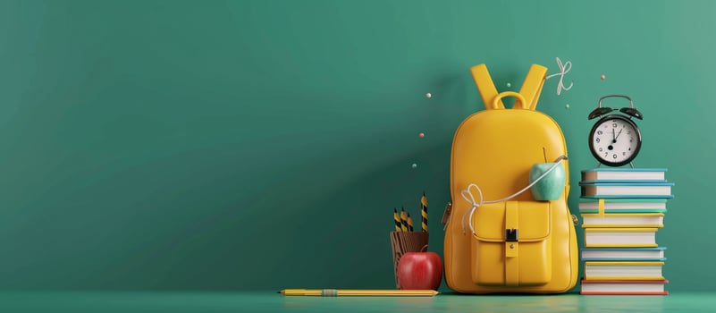 Back to school of a yellow backpack with school supplies on green background, concept back to new colors books for education and learning in the style of realistic landscapes photo