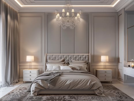 Luxurious Master Bedroom With A Crystal Chandelier Night Lamp And Elegant Decor, Natural Colors photo