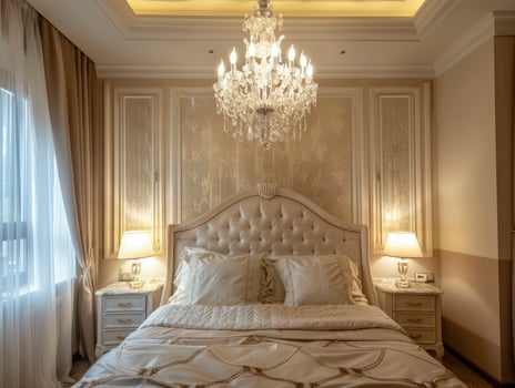 Luxurious Master Bedroom With A Crystal Chandelier Night Lamp And Elegant Decor, Natural Colors photo