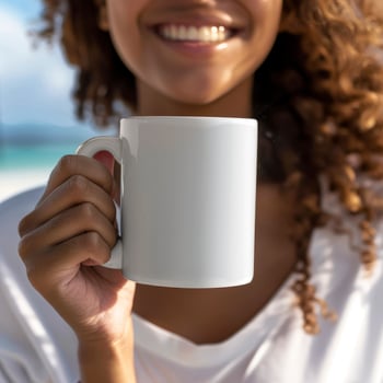 Seychelles Beautiful Girl Holding 15Oz Plain White Mug Mockup photo