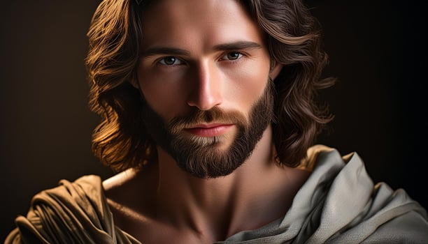 Portrait of Jesus Christ's face in the style of Renaissance art, highlighting his serene expression and soft, classical features photo