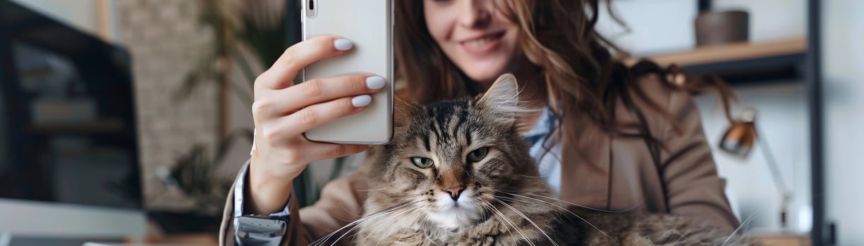 A young beautiful businesswoman in a brown suit taking a selfie with a cute cat in her office space photo