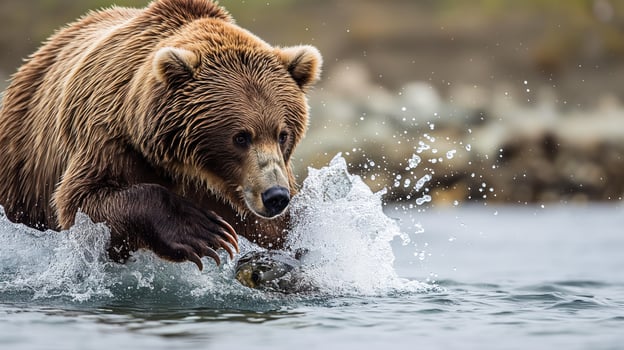 a brown bear is catching a fish off of the water - wildlife photography photo