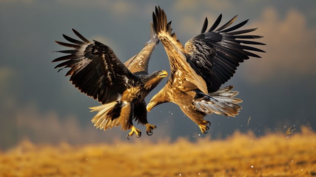 two eagles fighting while flying through a field - wildlife photography photo