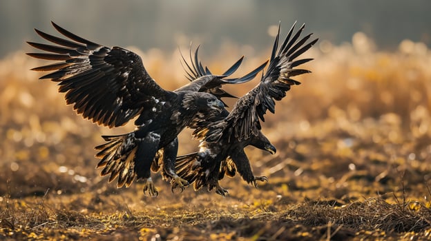 two eagles fighting while flying through a field - wildlife photography photo