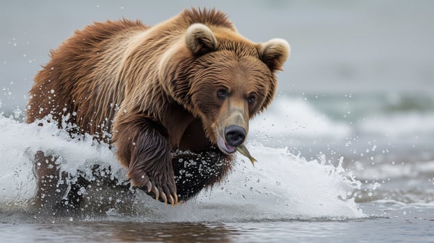a brown bear is catching a fish off of the water - wildlife photography photo