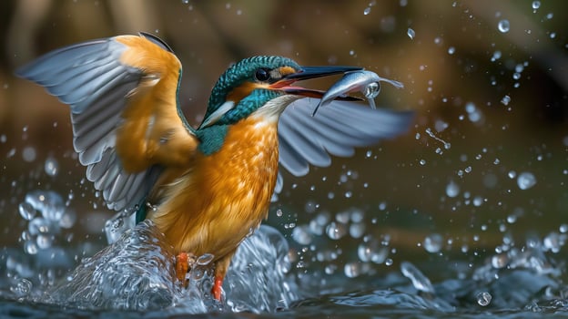 a kingfisher catching a fish off the water - wildlife photography photo