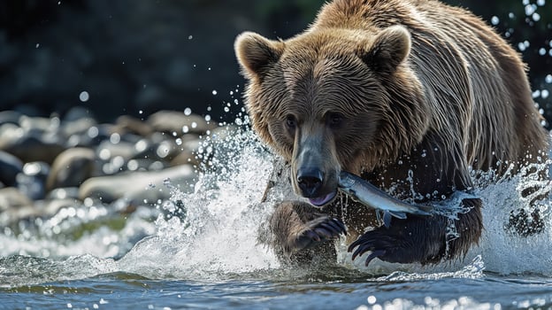 a brown bear is catching a fish off of the water - wildlife photography photo