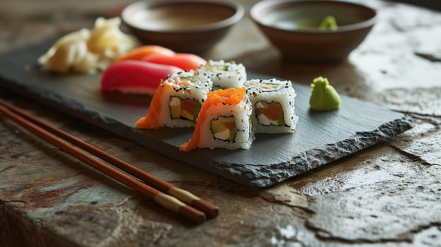 sushi with chopsticks on a slate board - food photography photo