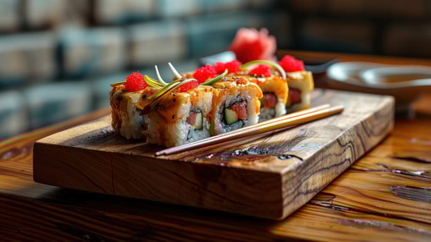 sushi with chopsticks on a wooden table - food photography photo