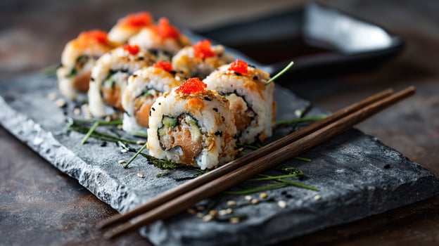 sushi with chopsticks on a slate board - food photography photo