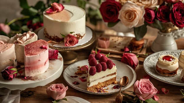 valentine's day dessert table set to serve various cakes and desserts with roses and flowers photo