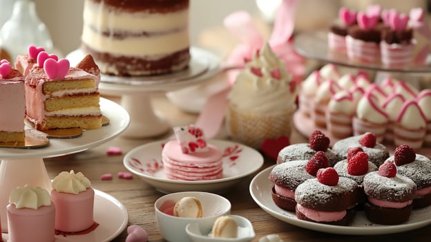 dessert table set to serve various cakes and desserts photo