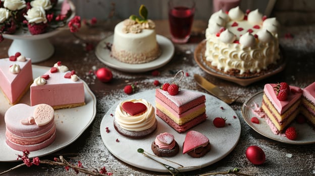 dessert table set to serve various cakes and desserts photo
