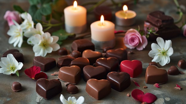 flowers and candles are placed around various heart shaped chocolate photo