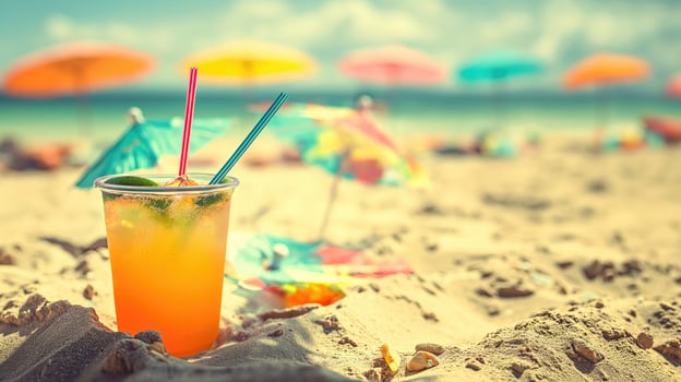 sun-kissed beach scene with colorful umbrellas and a refreshing drink photo