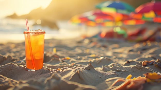 sun-kissed beach scene with colorful umbrellas and a refreshing drink photo