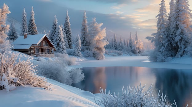 scene of a cabin and lake in the winter with glistening frost on trees photo
