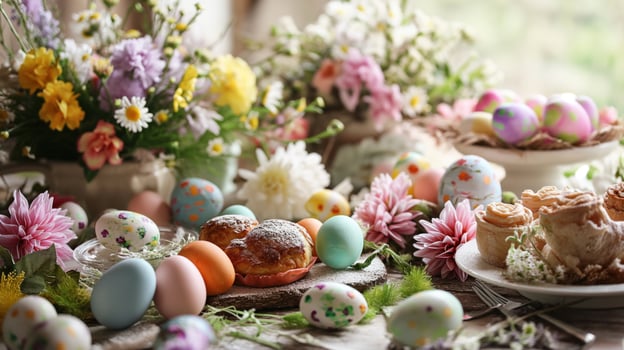 beautifully decorated Easter table with colorful eggs, fresh flowers, and delicate pastries photo