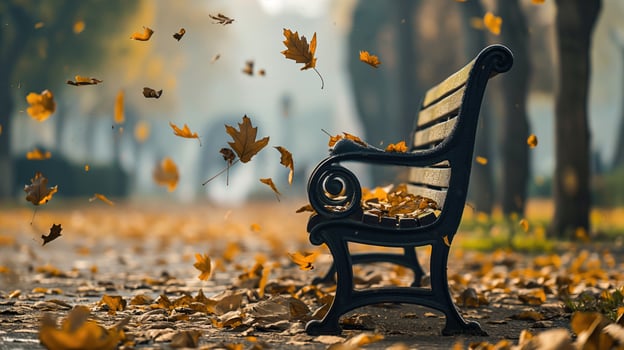 rustic bench in a park at autumn with golden leaves gently falling around photo