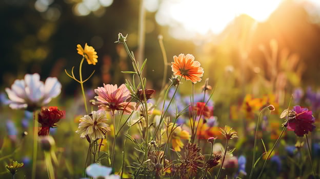 spring meadow with some colorful flowers and blurred background photo