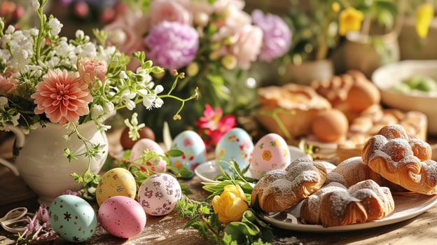 beautifully decorated Easter table with colorful eggs, fresh flowers, and delicate pastries photo
