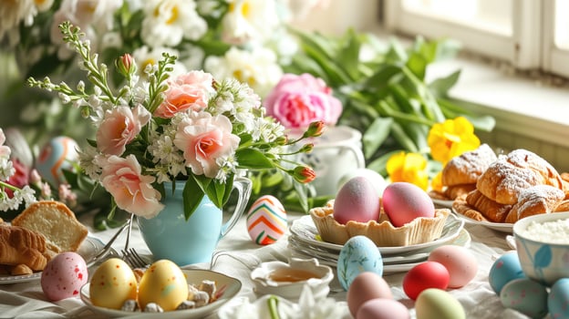 beautifully decorated Easter table with colorful eggs, fresh flowers, and delicate pastries photo