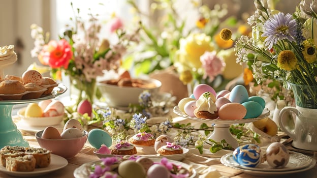 beautifully decorated Easter table with colorful eggs, fresh flowers, and delicate pastries photo